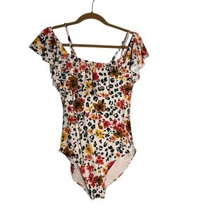 Sea Angel Floral Print Ruffle Cold Shoulder One Piece Swimming Suit Size Large